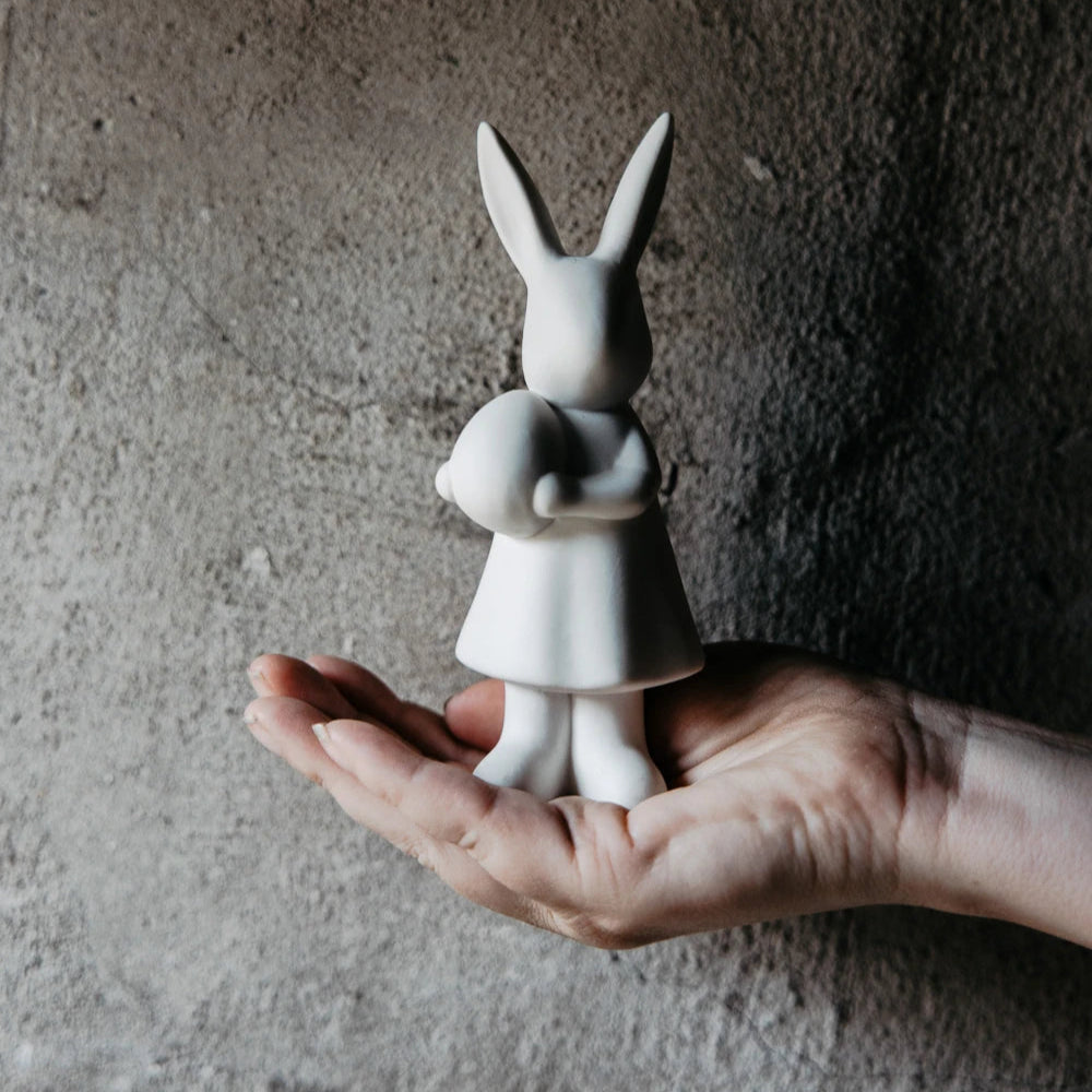 Alice Ceramic Rabbit Ornament with Egg in Matte White by Storefactory