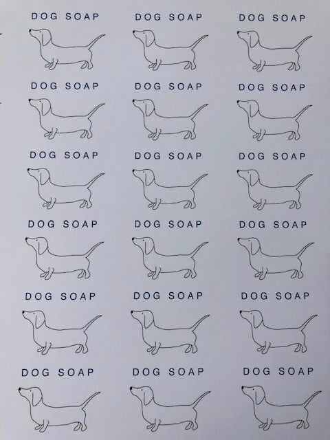 A repeat pattern featuring the outline of a sausage dog with text Dog Soap underneath