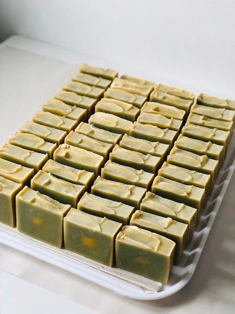 A tray of freshly cut lemongrass scented dog soaps from Farm Soap Co