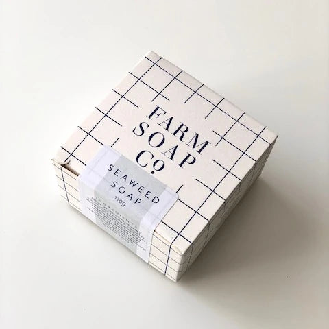 A plain background with 110g box of Seaweed hair and body soap by Farm Soap Co