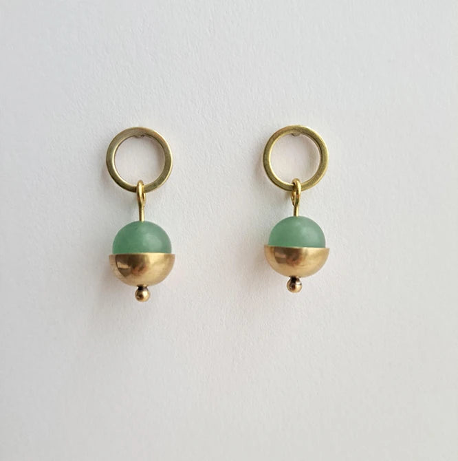 Form Brass Circle, green Bead & Cup Earrings by brass+bold at Lifestory Edinburgh