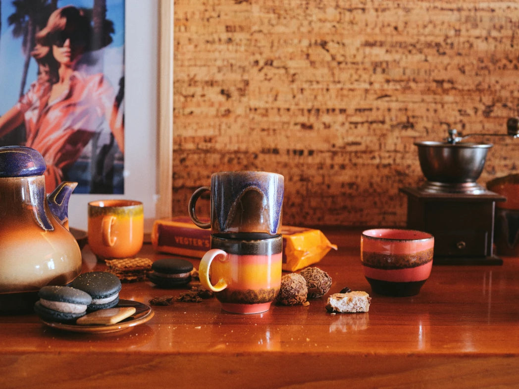 HK Living - Brazil Mugs - Room setting with 4 glazed mugs in 4 different colour blends