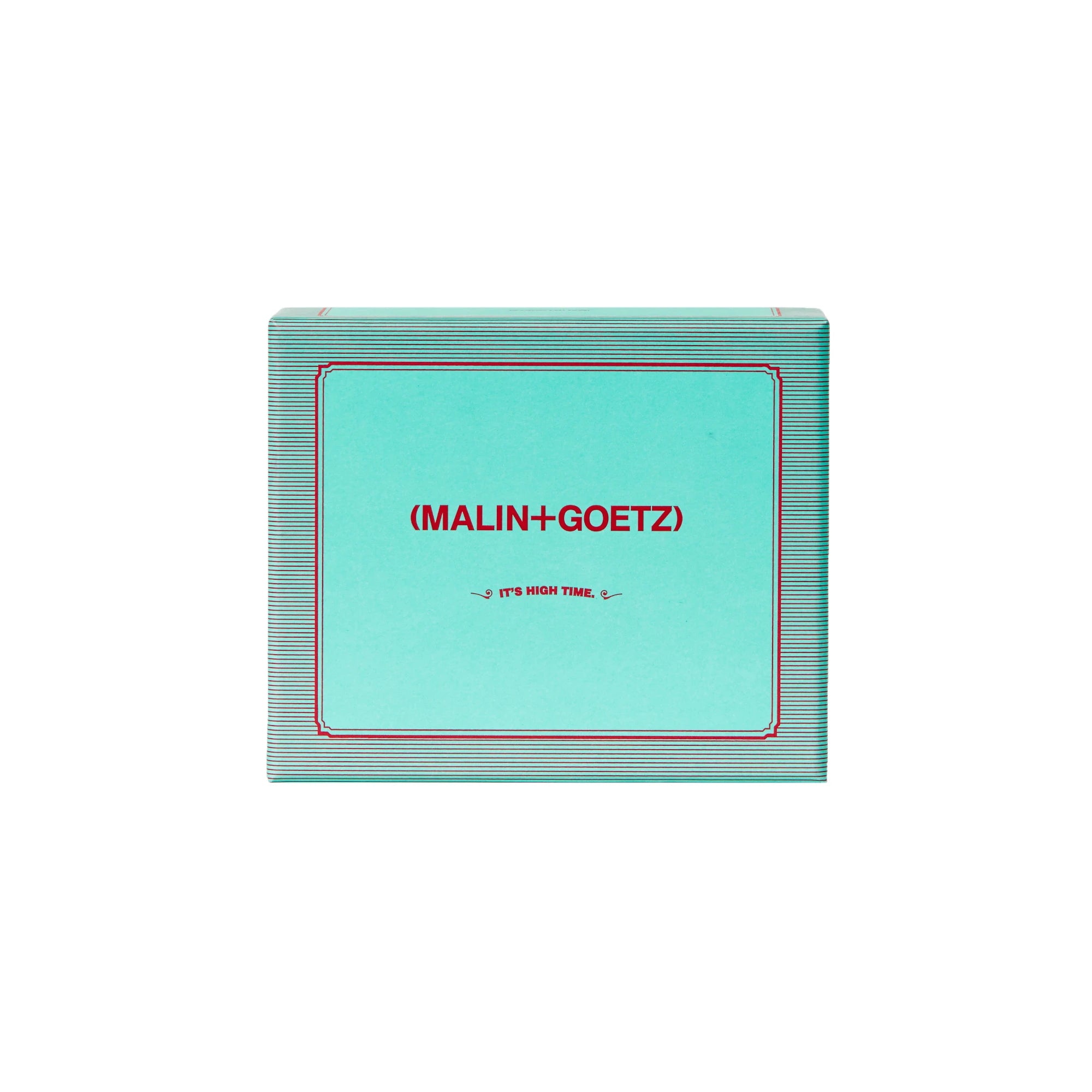 Malin and Goetz Its High Time Cannabis gift set box front featuring the brand logo and product name in red ink on teal