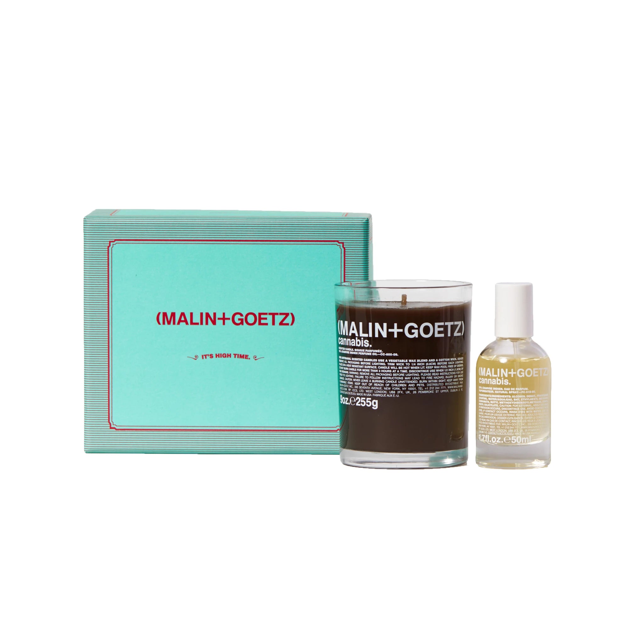 
Malin and Goetz Its High Time Cannabis gift set box with candle and perfume bottle on a white background