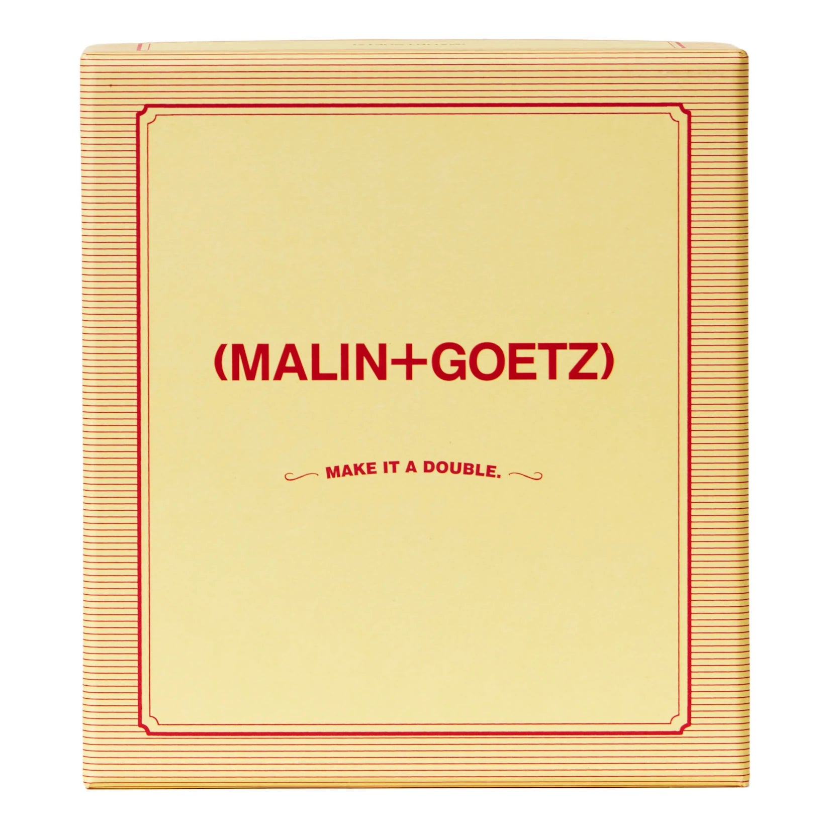 Malin and Goetz Make It A Double Rum Hand and Body gift set packaging front including brand logo and product name in red ink on a yellow box