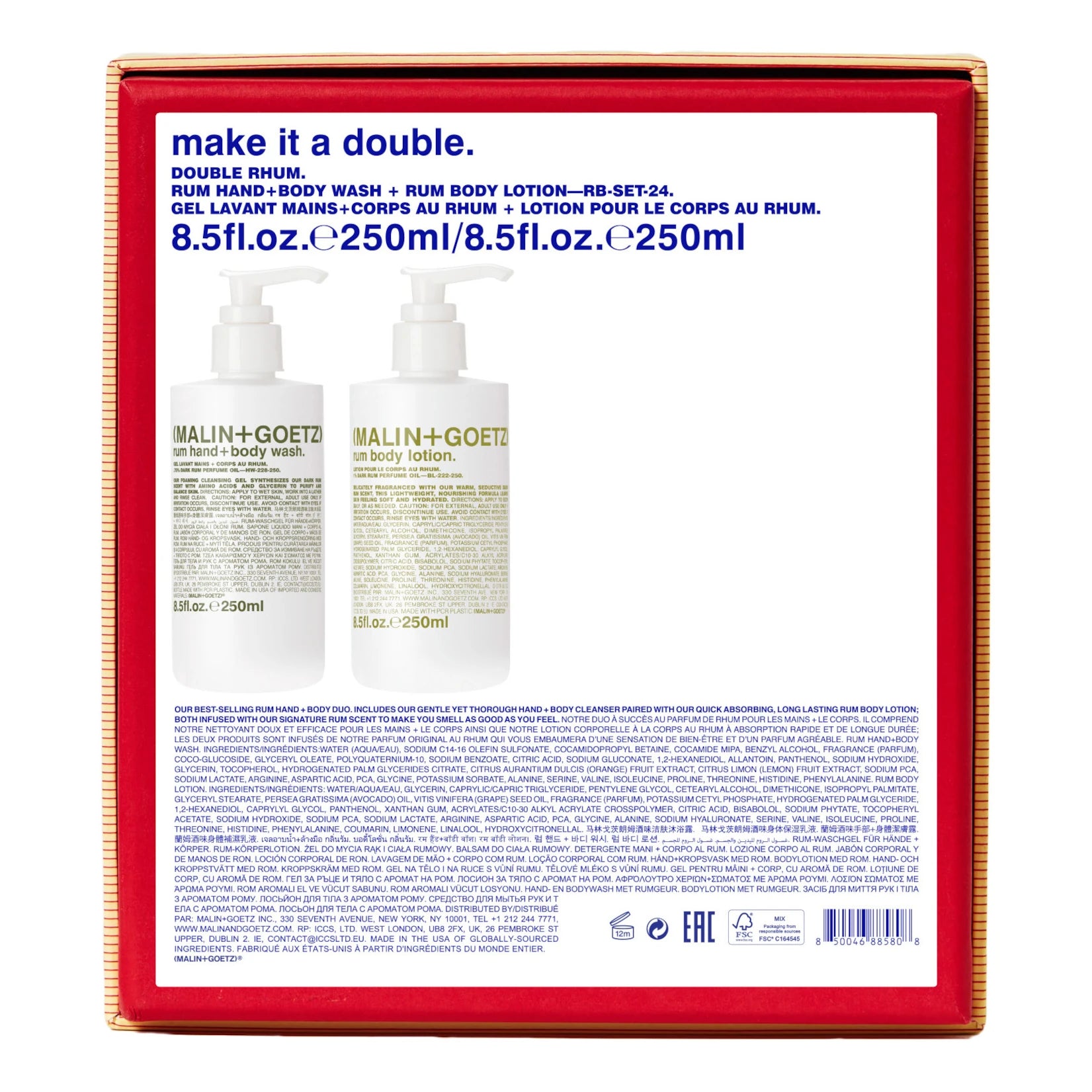 Malin and Goetz Make It A Double Rum Hand and Body gift set packaging reverse with contents list