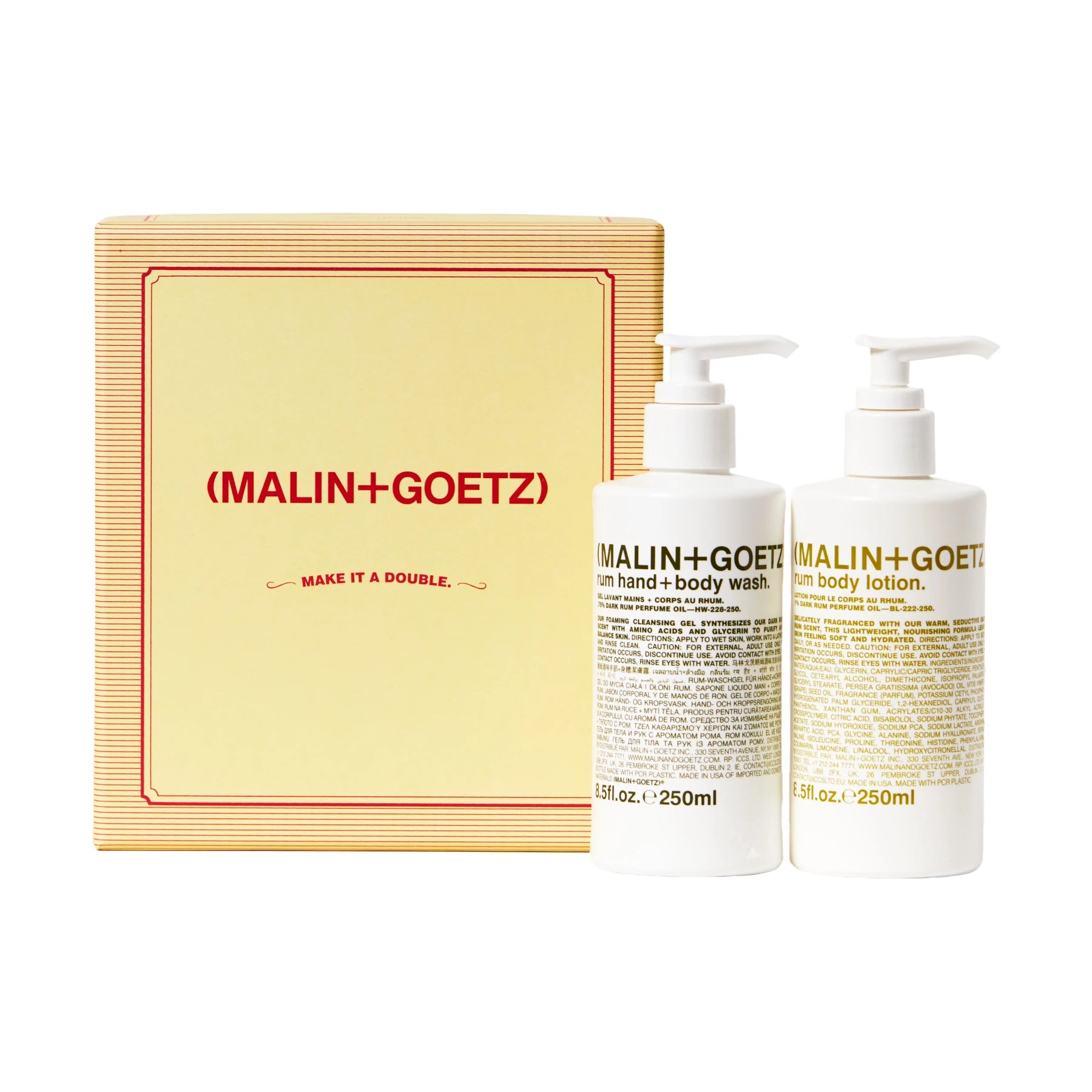 Malin and Goetz Make It A Double Rum Hand and Body gift set with 2 pump bottles on a white background