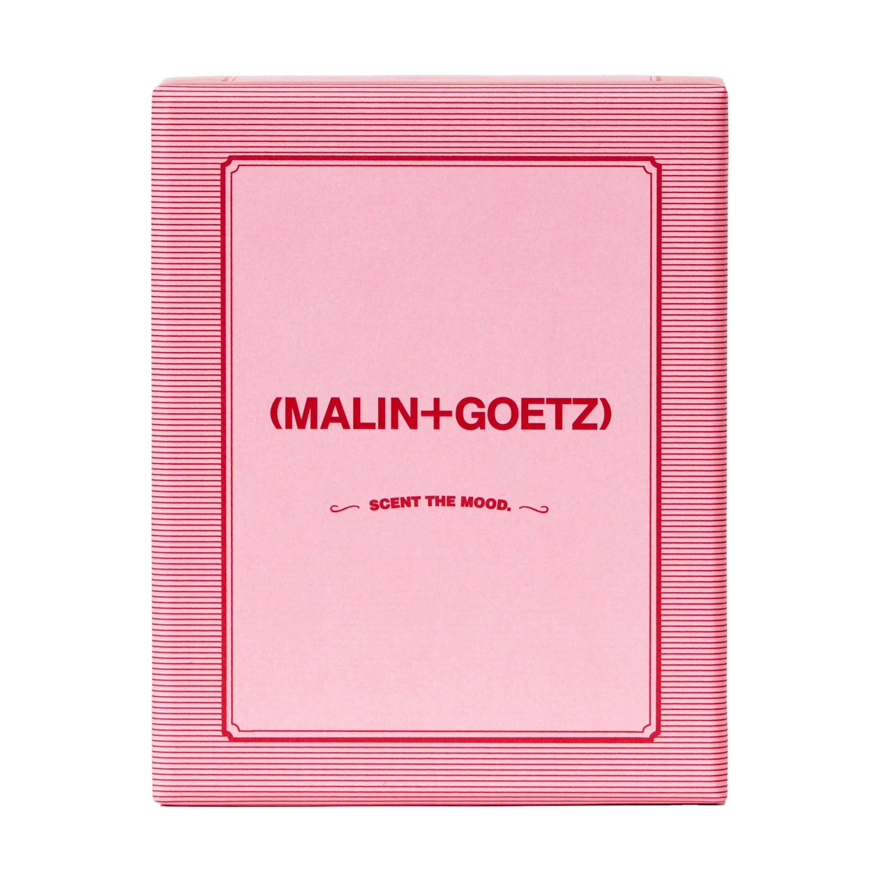 Malin and Goetz Scent The Mood votive gift set pink box front with brand logo and product name in red ink