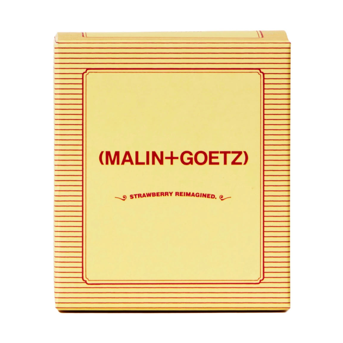 Malin and Goetz Strawberry Reimagined gift set packaging in yellow with red printed logo and product name