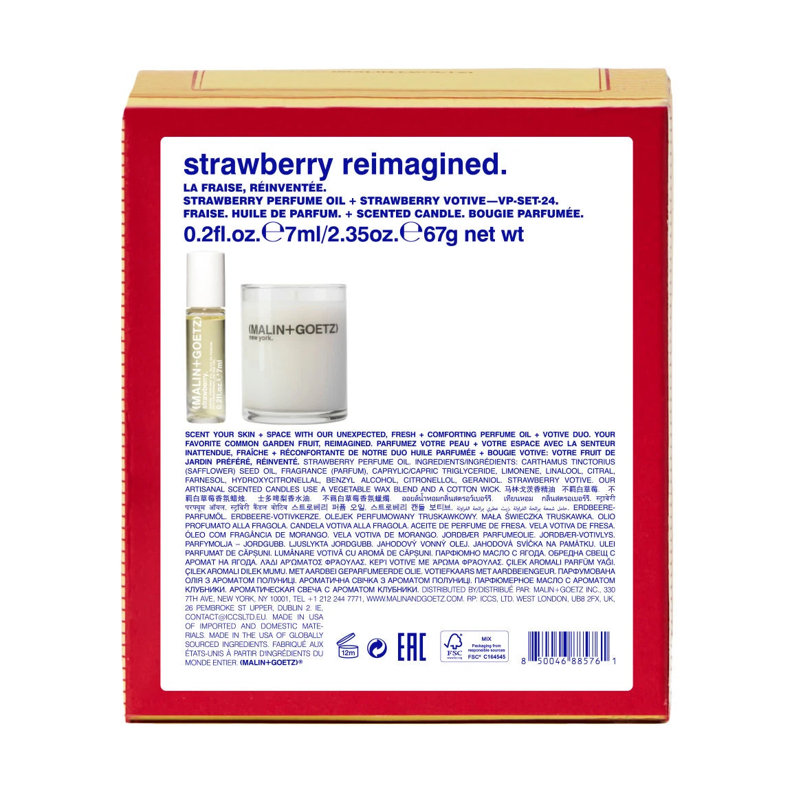 Malin and Goetz Strawberry Reimagined gift set packaging reverse side featuring product content list