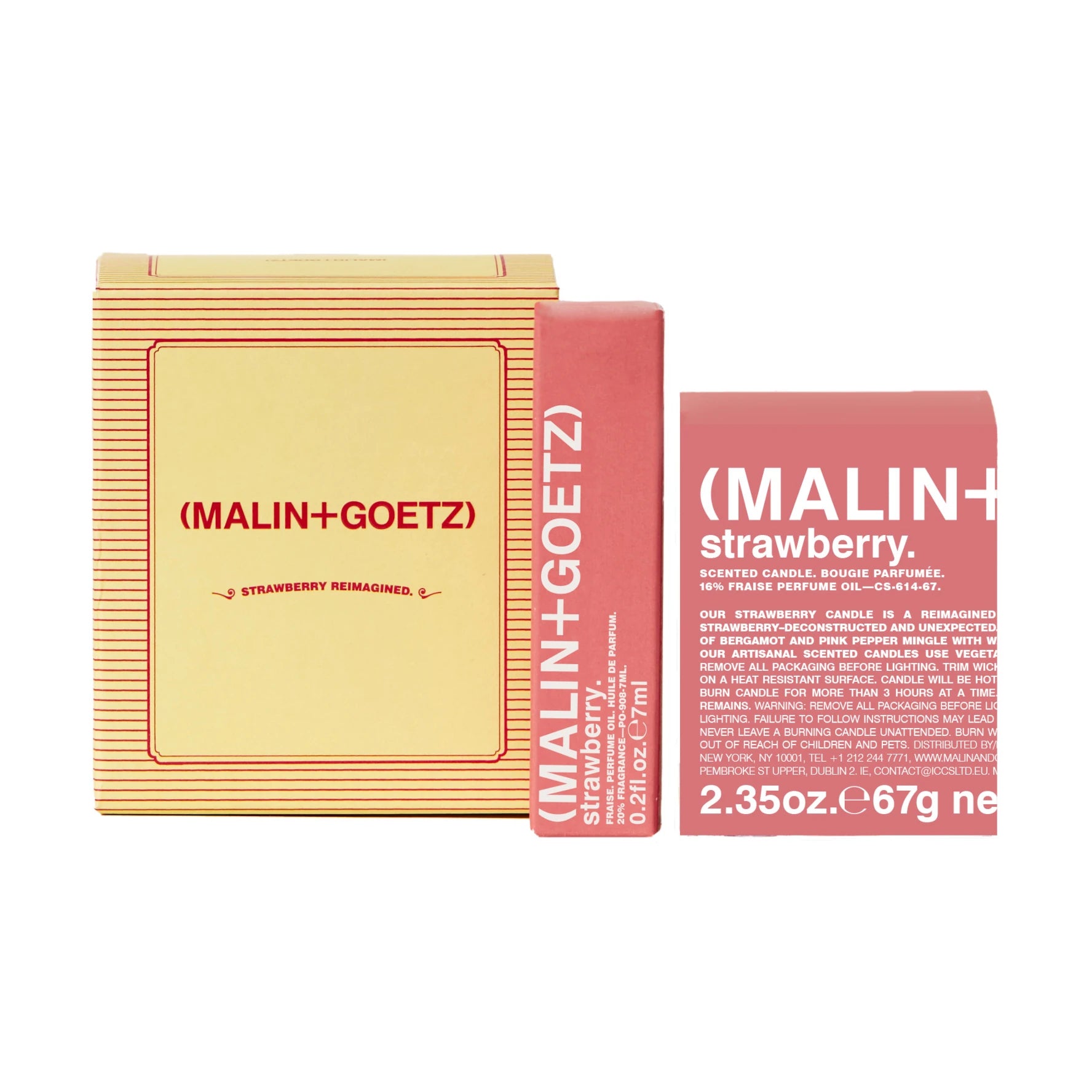 Malin and Goetz Strawberry Reimagined gift set including pink packaged perfume roll on and votive candle on a white background