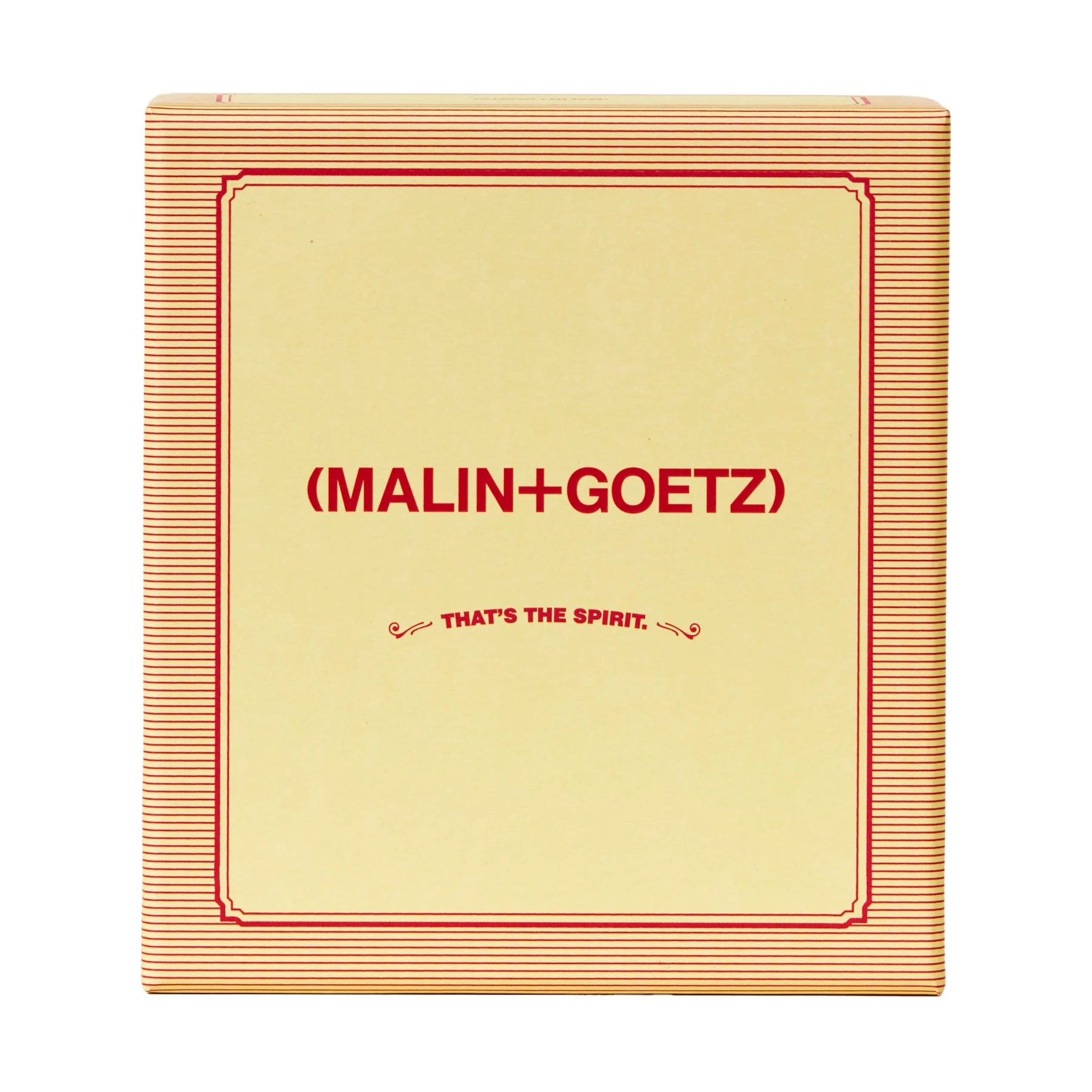 Malin and Goetz Thats The Spirit Dark Rum Votive candle and eau de parfum bottle gift set box front with brand logo and product name in red ink on yellow