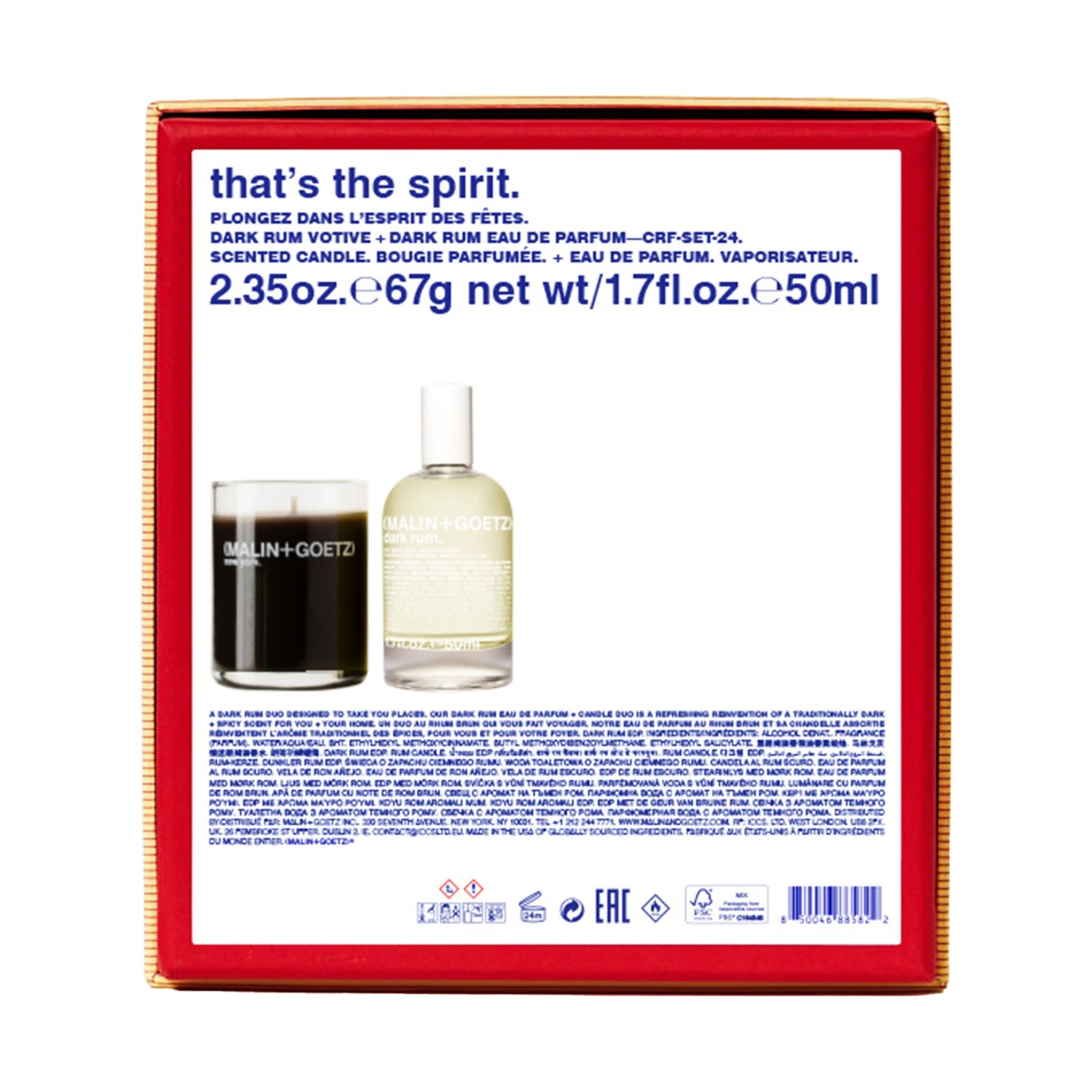 Malin and Goetz Thats The Spirit Dark Rum Votive candle and eau de parfum bottle gift set packaging reverse with contents list