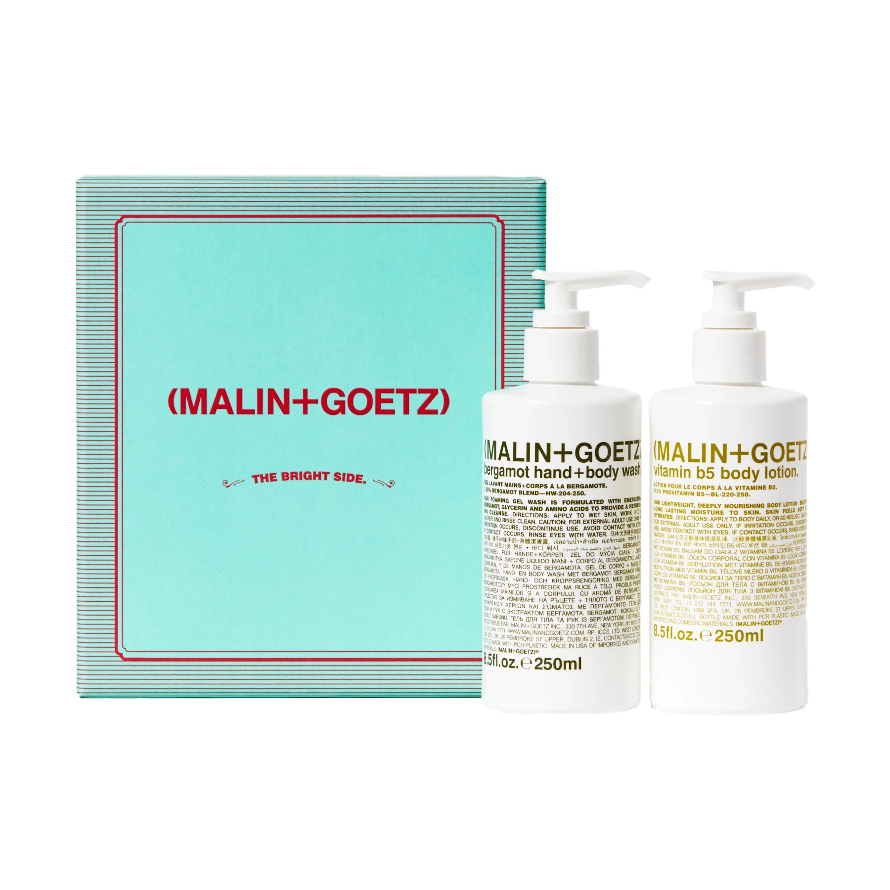 Malin and Goetz The Bright Side Bergamot Hand and Body gift set with 2 pump bottles on a white background