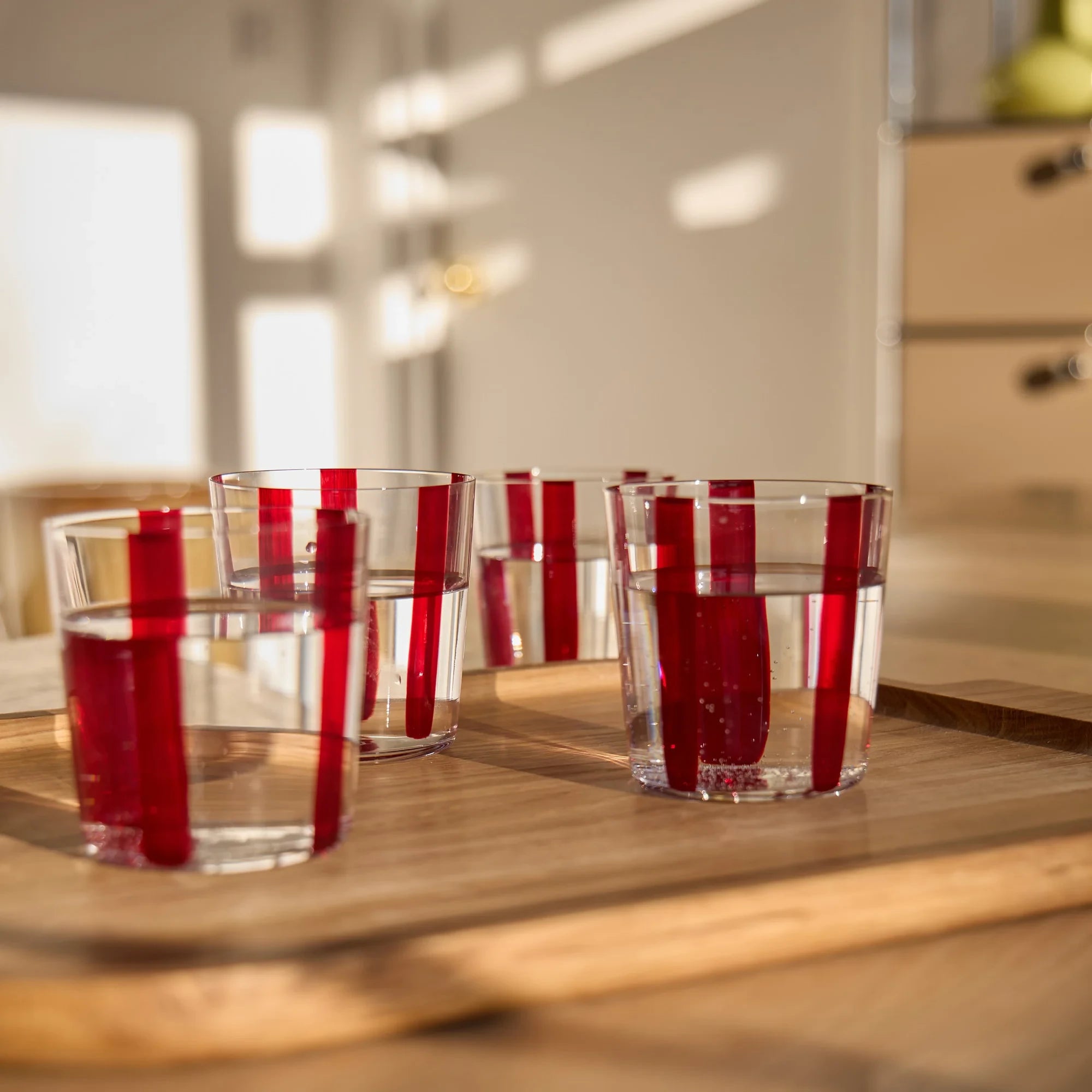 Nova Stripe Low Glass Tumbler Set of 4 in burgundy by The Conran Shop