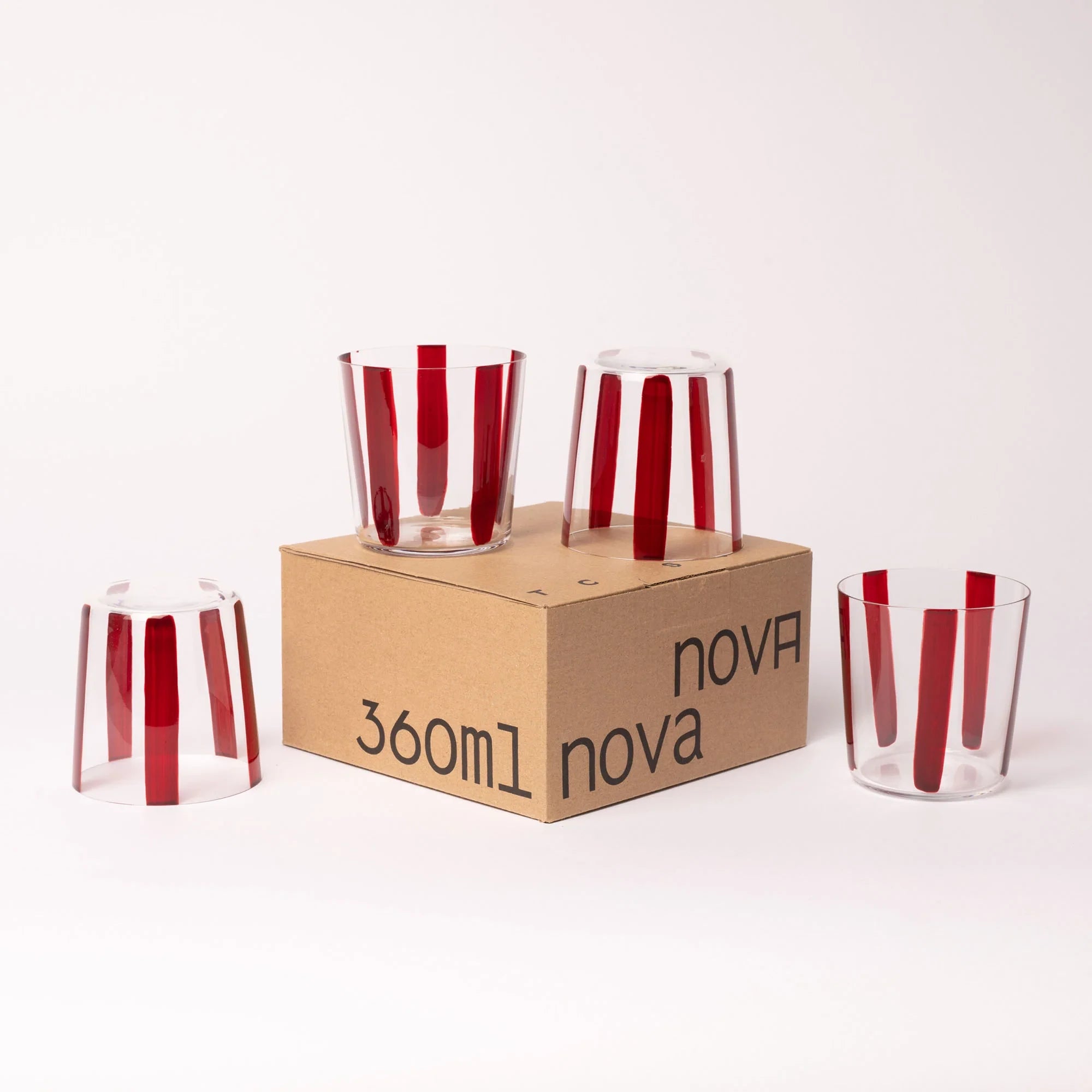 Nova Stripe Low Glass Tumbler Set of 4 in burgundy with gift box by The Conran Shop