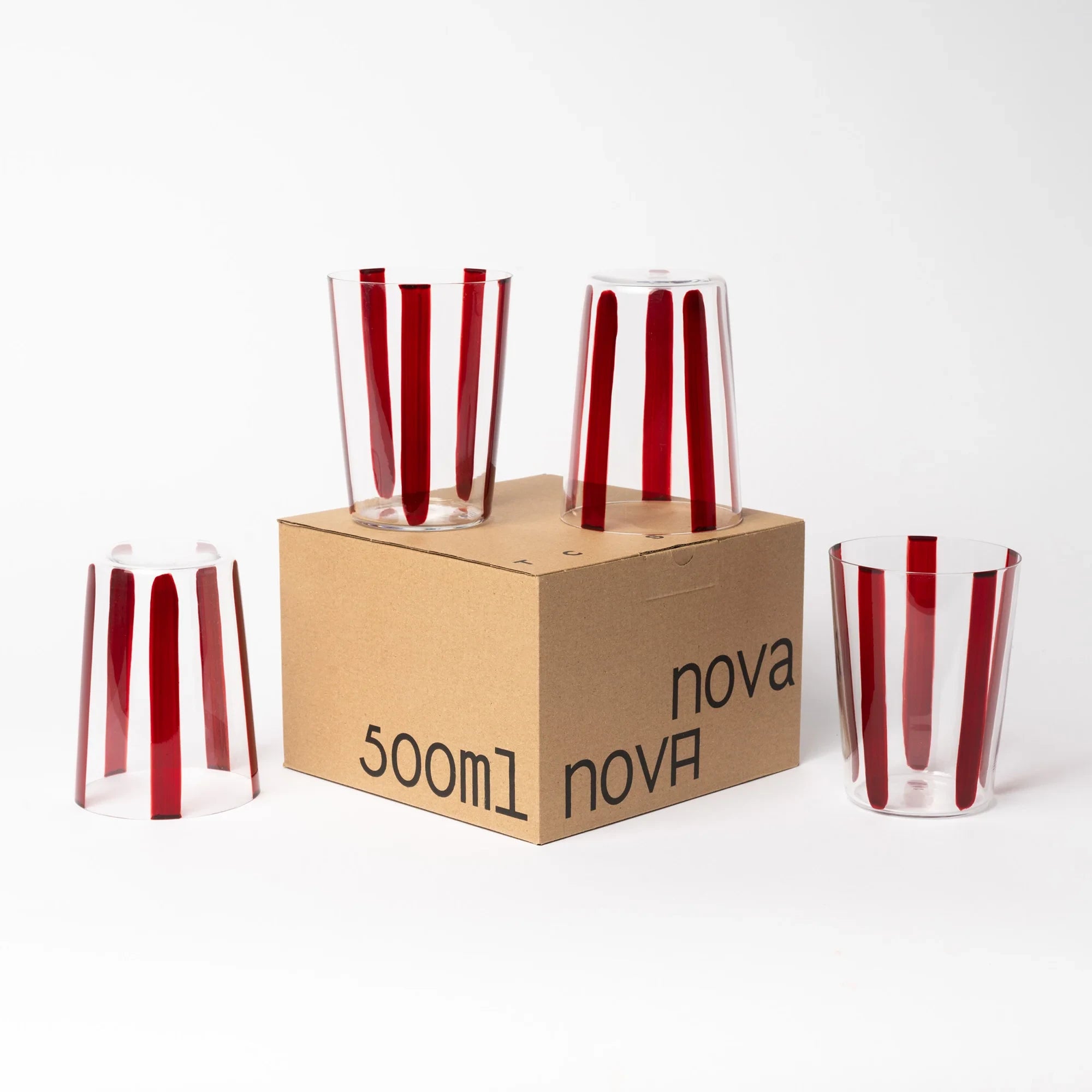 Nova Stripe Tall Glass Tumbler Set of 4 in Burgundy with gift box by The Conran Shop at Lifestory