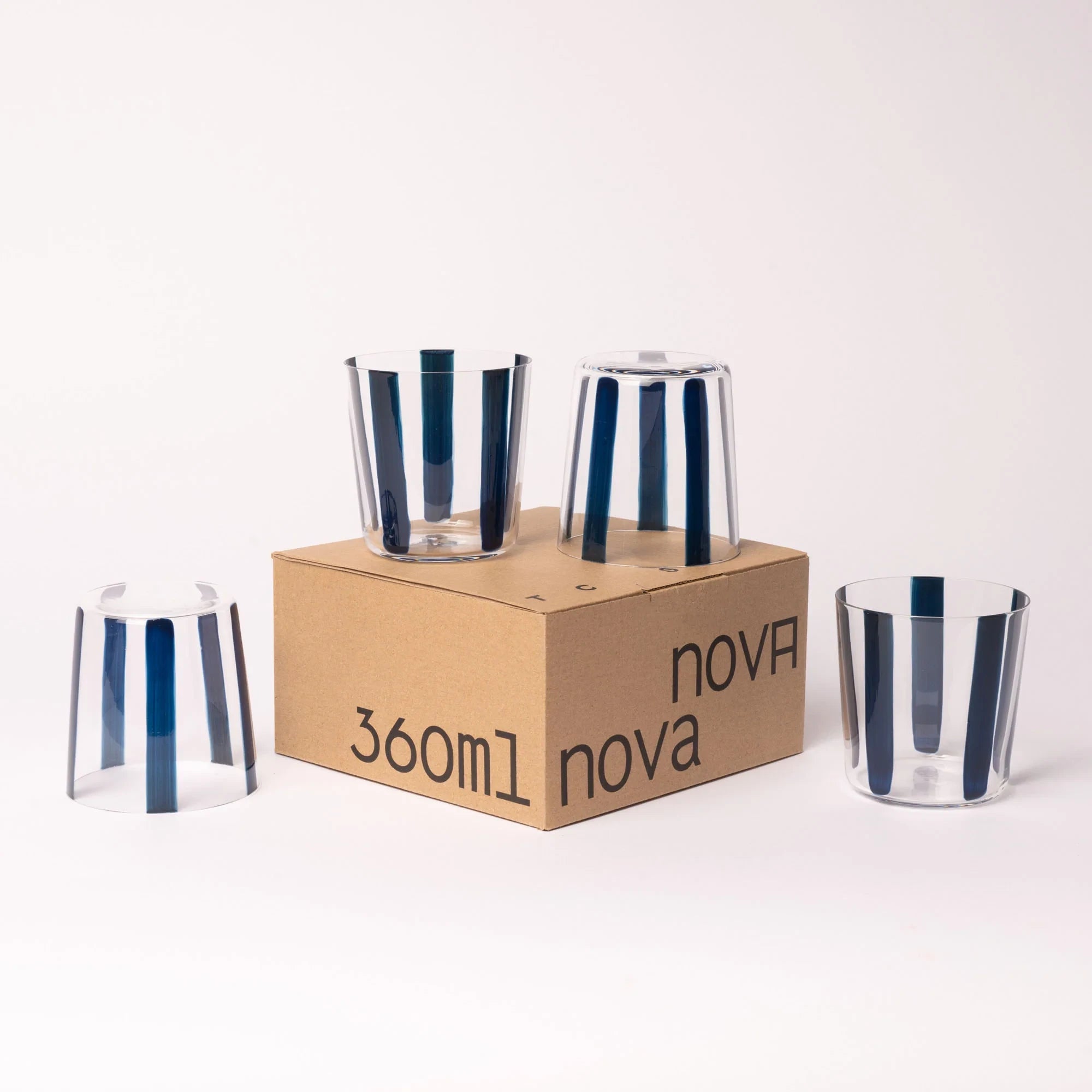 Nova Stripe Low Glass Tumbler Set of 4 in navy with gift box by The Conran Shop