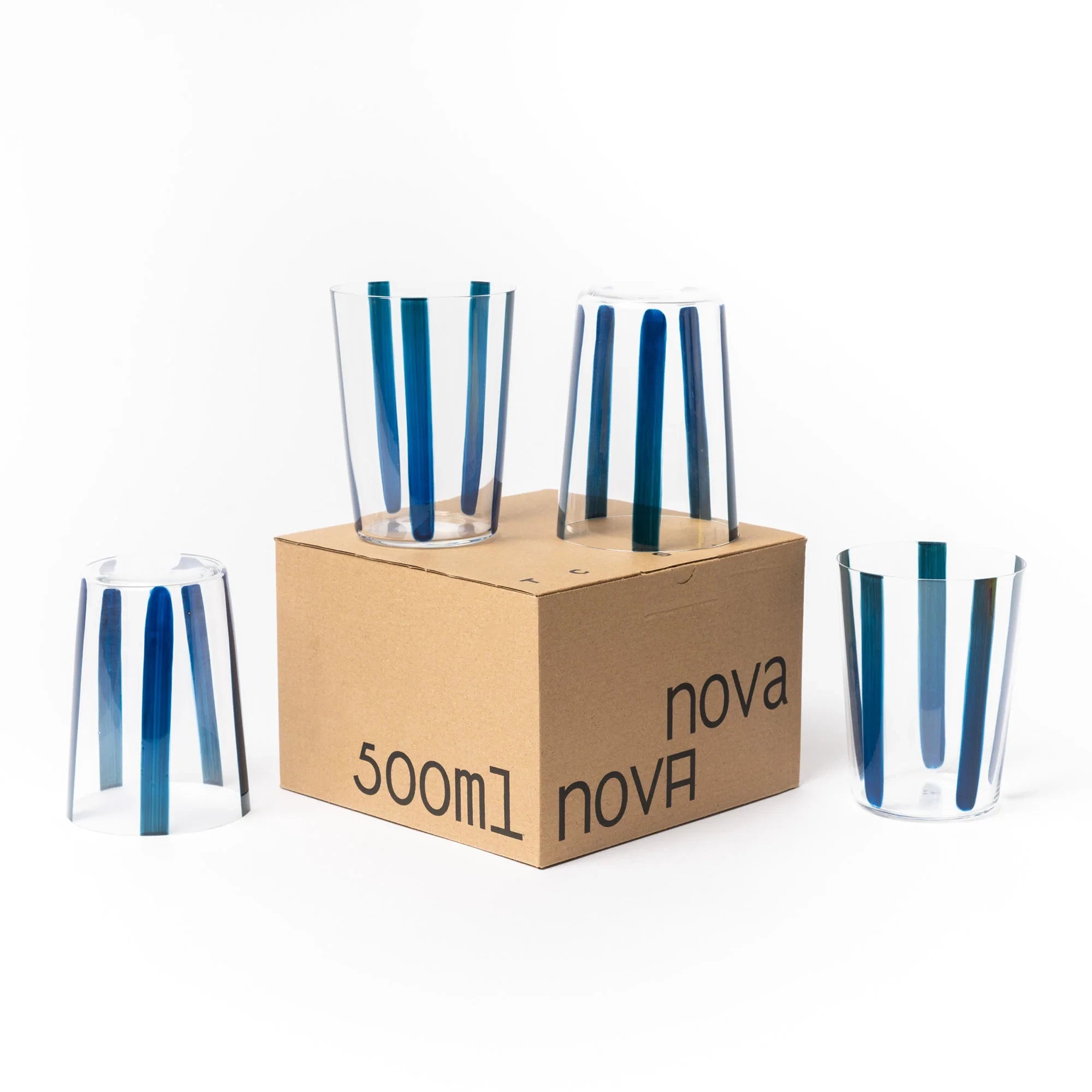 Nova Stripe Tall Glass Tumbler Set of 4 in Navy with gift box by The Conran Shop at Lifestory