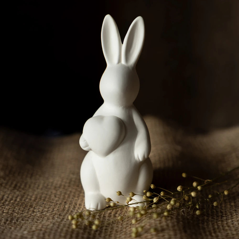 Olivia Ceramic Rabbit Ornament with Heart in Matte White by Storefactory