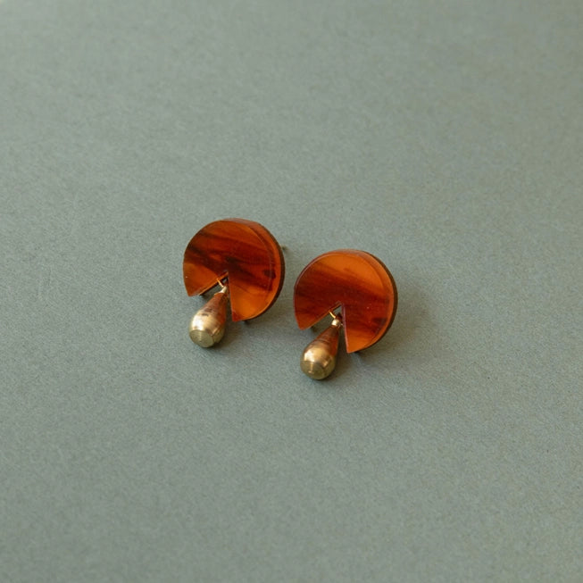 Droplet Stud Earrings in Acrylic, Brass & Wood by Pepper You