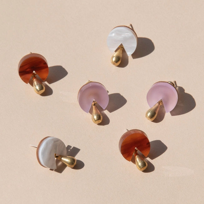 Droplet Stud Earrings in Acrylic, Brass & Wood by Pepper You