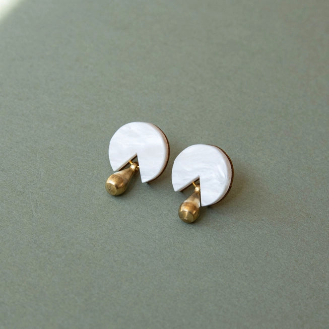 Droplet Stud Earrings in Acrylic, Brass & Wood by Pepper You