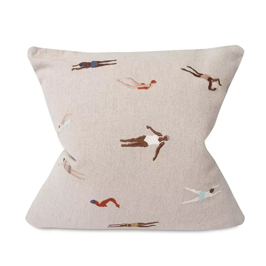 Fine Little Day Natural 'Swimmers' Embroidered Square Cushion Cover - Optional Inner