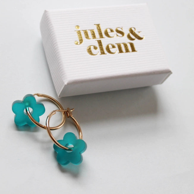 Jules & Clem Colourful Flower Hoop Earrings in Perspex & Gold Plate