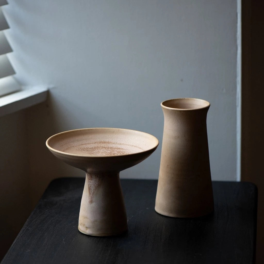 Ceramic Vase in Plaster Colourway by Angus Henderson grouped with tall vase