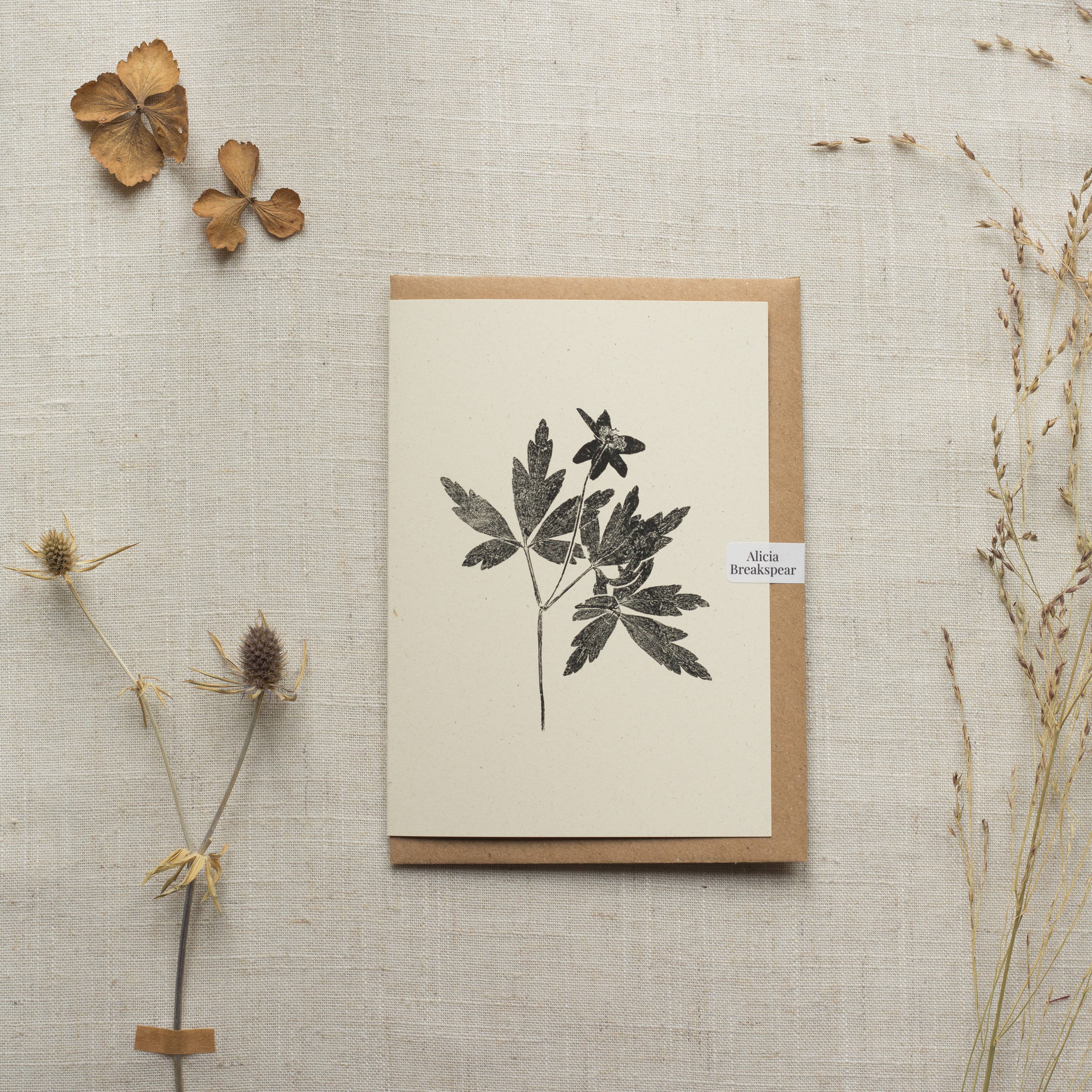 Wood Anemone Botanical Monoprint Card by Alicia Breakspear