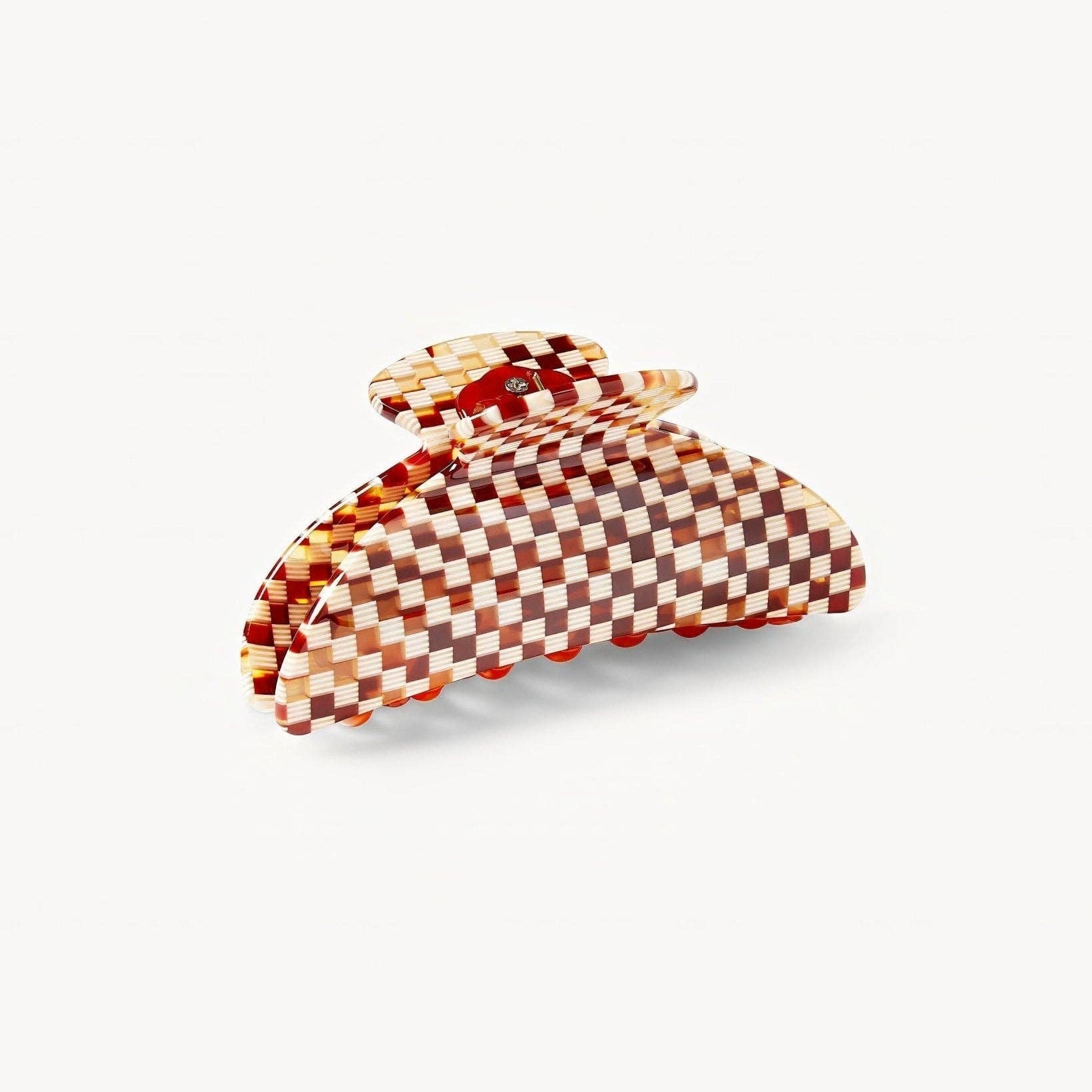 MACHETE Midi Heirloom hair Claw in Tortoise Checker Acetate on a white background  side view 