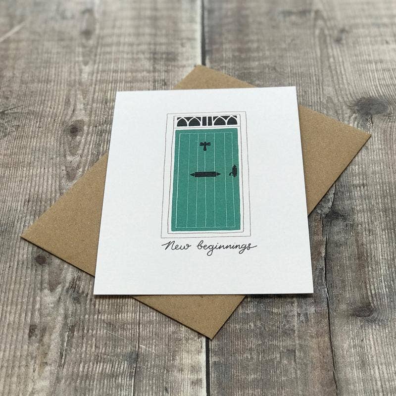 New Beginnings Card by Lomond Paper Co with kraft envelope on wooden background